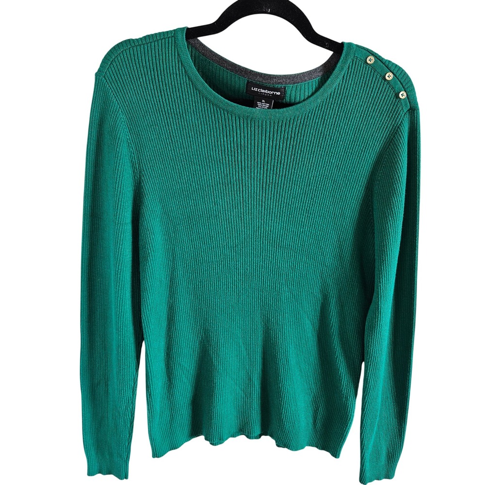 Liz Claiborne Woman Size XL Kelly Green Ribbed Cotton Blend Sweater Gold Button